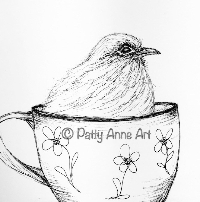 Birdie in a cup ink sketch
