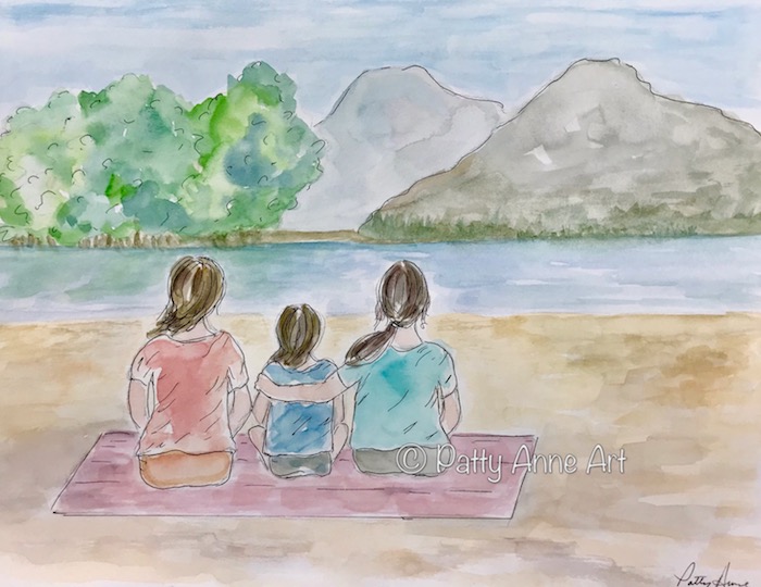 family time watercolor and ink sketch