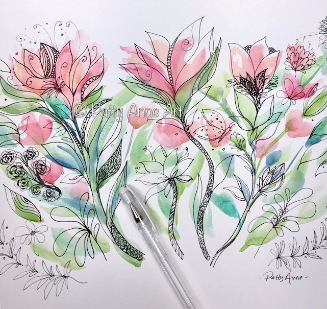 Peachy floral patterns ink and watercolor