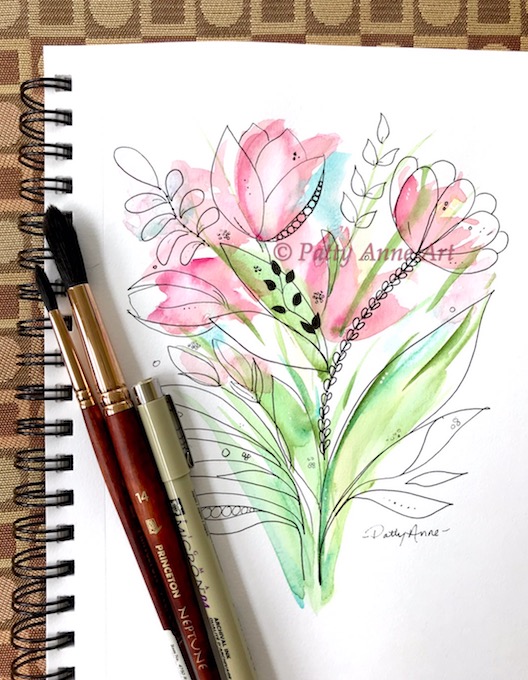 floral pink watercolor and ink painting