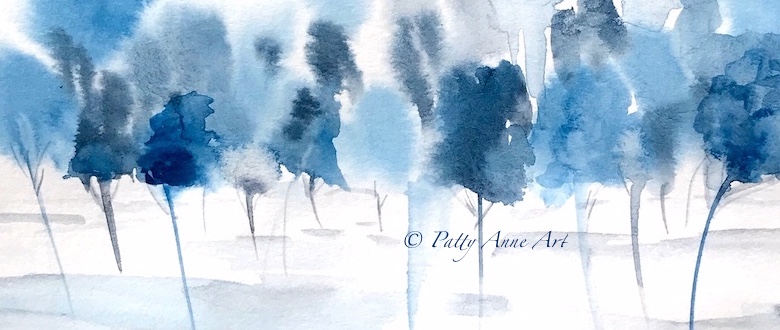 blue watercolor trees