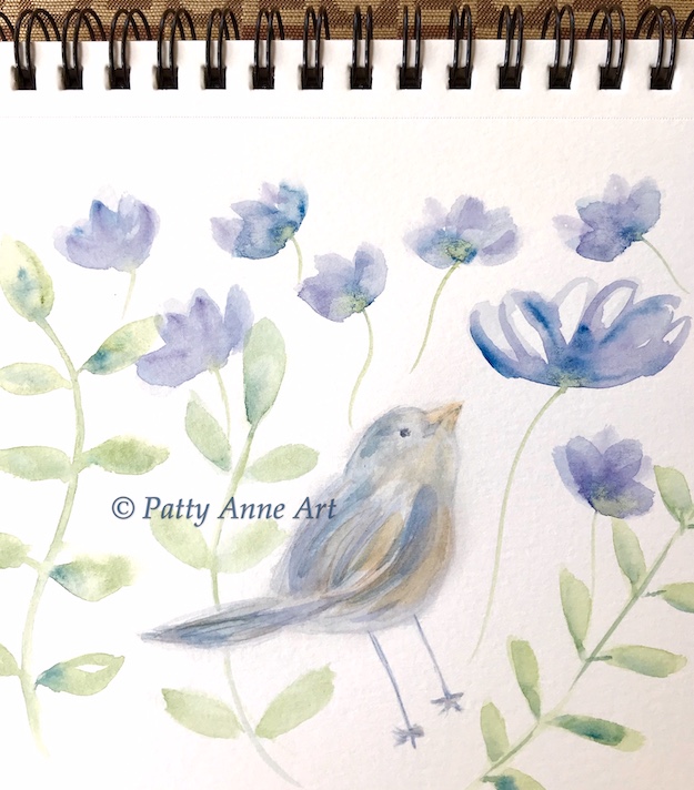 bird and flowers watercolor under painting