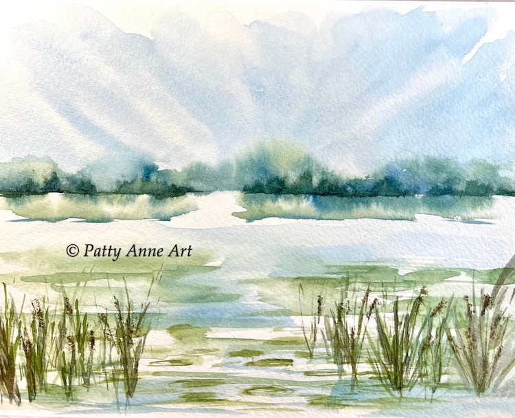 Weeds and lilies at the shore watercolor