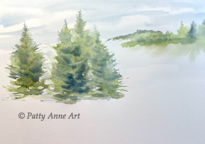 Pines at the shore in progress watercolor