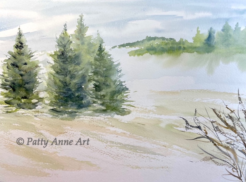 Pines at the shore watercolor painting