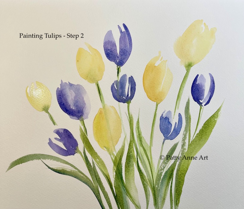 Watercolor tulips painting - step 2